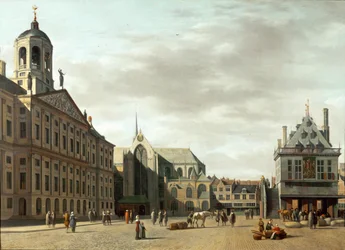 Dam Street og det nye rådhus i Amsterdam, Holland ...