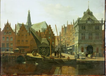 Haarlems havn med offentlige vægte og Sankt Bavons tårn i baggrunden