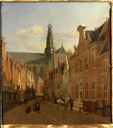Gade i Haarlem med St. Bavon-kirken i baggrunden (olie på egetræ)