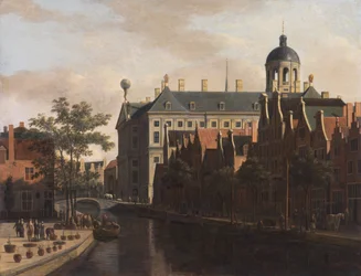 Hollandsk: Amsterdam, blomstermarkedet til rådhuset set Nieuwezijds Voorburgwal med blomster- og træmarkedet i Amsterdam