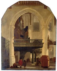 Den vestlige ende af Oude Kerk, Delft, fra den sydlige sideskib mod nord med orgelloftet