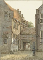 Udsigt over indgangen til latinskolen, St. Hieronymus-skolen, på Kromme Nieuwegracht i Utrecht