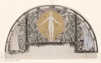 Design til en kalenderramme for 1901 med kvinder og blomster