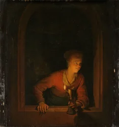 Pige med olielampe ved et vindue
