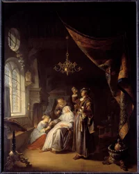 Den vattersottige kvinde. En læge undersøger urinen fra en kvinde med vattersot. Maleri af Gerard Dou (1613-1675). Ec. Hol