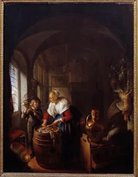 Musen. Et barn viser sin mor en musefælde. Maleri af Gerard Dou (1613-1675), Hol.