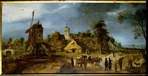 En landsbygade hollandsk landskab med mølle. Maleri af Gerrit Van Honthorst (1590-1656) 1600-tallet. Riom, Musee Francisque Mandet