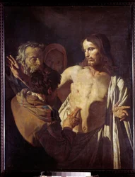 Den vantro St. Thomas Han rører ved Kristi sår redder for at tro på hans udseende. Maleri af Gerrit Van Honthorst (1590-1656)