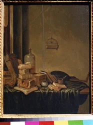 Stilleben med bøger. Maleri af Gerrit van Vucht (1600 eller 1620- ca. 1697). Olie på træ, 34 x 28 cm. 1600-tallets hollandske skole. Pushkin Museum of Fine Arts, Moskva.