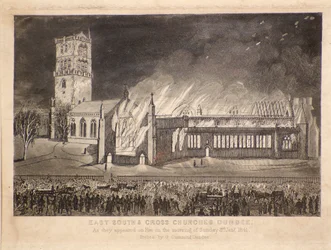 East, South & Cross Churches, Dundee, som de dukkede op i brand søndag den 3. januar 1841, ca. 1841 (radering)