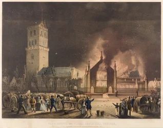 East, South og Cross Churches, Dundee, som de dukkede op i brand søndag den 3. januar 1841, ca. 1841 (litografi)