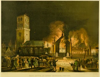 East, South og Cross Churches, Dundee [som de dukkede op i brand om morgenen søndag den 3. januar 1841] (efter George McGillivray), ca. 1841 (litografi)