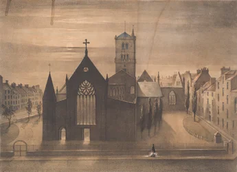 Moonlight View of East and Cross Churches, Dundee, som de så ud efter ildebranden den 3. januar, ca. 1841 (litografi)