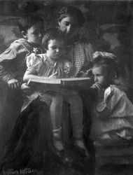 Kvinde og børn læser af Gertrude Kasebier 1852-1934, fotograf.. fotografisk tryk