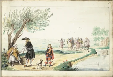 Romakvinde læser en gentlemans hånd (Moses?)