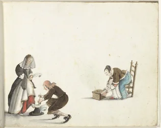 Lord strammer en dames sko og en kvinde sætter ild i et komfur