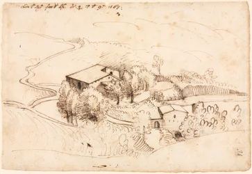 Gård med træer i et kuperet landskab (recto)