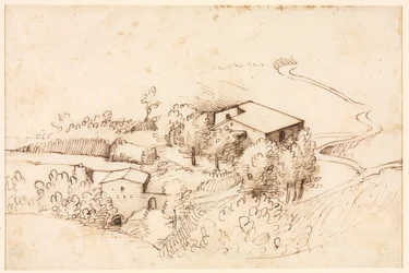 Gård med træer i et kuperet landskab, 1567.