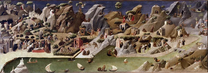 La thebaide des hermits Beskrivelse af eneboers liv i ørkenen - Detrempe på træ tilskrevet Gherardo Starnina (14.-15. århundrede). 1400 ca. Dim 2x0,8 m Firenze, galleria degli uffizi (Uffizi)