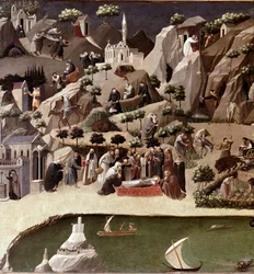 Eremitternes Thebaide, detalje. Beskrivelse af eremitternes liv i ørkenen. Tilskrevet Gherardo Starnina (14.-15. århundrede). Omkring 1400. Mål 2 x 0.8 m. Firenze, Galleria degli Uffizi