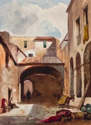 Passage og gade med figurer, med tilføjelser af en Borbone-elev, muligvis prins Alfonso Maria di Borbone (1841-1934), 1853 (blyant, wc og gouache på papir)