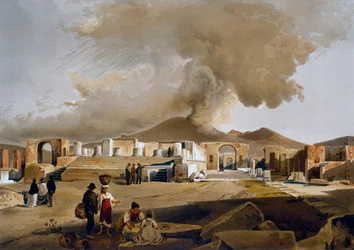 Udsigt over Forum og Jupitertemplet i Pompeji, illustration af Giacinto Gigante (1806-1876) fra Pompejis huse og monumenter, af Fausto og Felice Niccolini