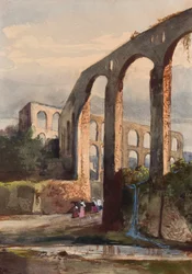 Kvinder under den romerske akvædukt ved Maddaloni, med tilføjelser af en Borbone-elev, muligvis prinsesse Maria Annunziata di Borbone (1843-1871) (blyant, wc og gouache på papir)