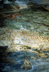 I 1669 blev byen Catania (Sicilien) ødelagt af Etnas udbrud. Maleri af Giacinto Platania. Sakristi i katanias domkirke.