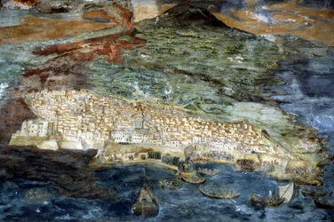I 1669 blev byen Catania (Sicilien) ødelagt af Etnas udbrud. Maleri af Giacinto Platania. Sakristi i katanias domkirke.