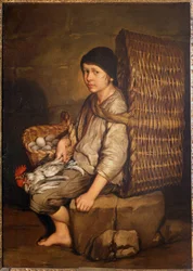 Ærendedreng siddende med en kurv på ryggen, æg og fjerkræ, ca. 1735 (olie på lærred)