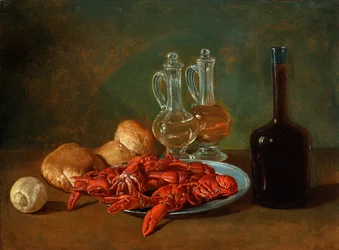 Stilleben med tintallerken, rejer, en citron, glaskruetter, brød og en flaske vin