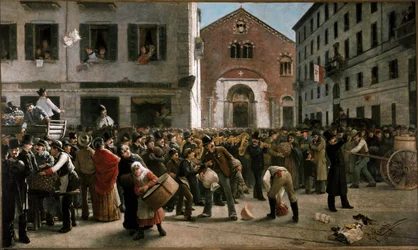 Fundraising i corso Garibaldi i Milano til ofrene for oversvømmelser nær Verona, 24. december 1882 (maleri