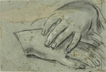 Korslagte hænder (recto); højre fod, delvist dækket af draperi (verso)
