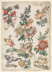 Blomsterdesign med fugle og Griffon