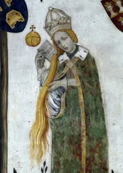 Skildring af markisen af ​​Saluzzo og deres hustruer som historiske og mytologiske helte og heltinder. Detalje: Beatrice Visconti som aetiope, hustru til Fredericos I 1418-30