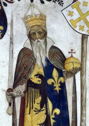 Skildring af markisen af ​​Saluzzo og deres hustruer som historiske og mytologiske helte og heltinder. Detalje: Manfredo III. som Karl den Store. 1418-30