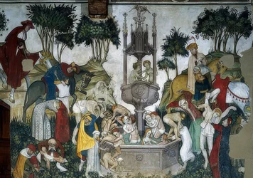 Ungdommens kilde. Detalje: ankommende og badende i kilden. 1418-30