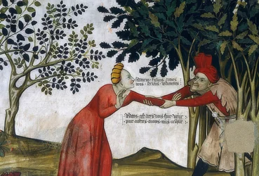 Ungdommens kilde. Detalje: en mand trækker en kvinde ind i buskene. 1418-30