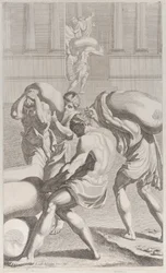 Mænd, der bringer poser med bly ind i Sankt Benedikts kloster, 1687-1717.