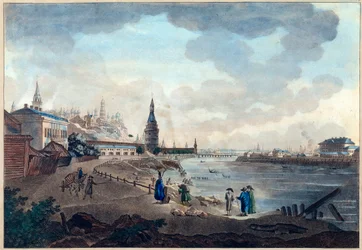 Udsigt over Moskvas Kreml taget fra Stenbroen over Moscova (Moskva eller Moskwa). Værk af Giacomo Antonio Domenico Quarenghi (1744-1817), akvarel og blæk på papir, ca. 1790. Italiensk kunst