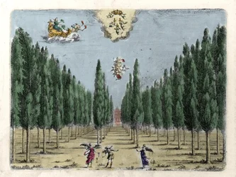Illustration til operaen i 5 akter "La finta pazza" "(La Folle supposee) af Francesco Sacrati. Gravering af Jacopo Torelli