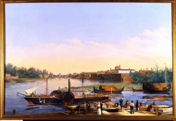 Udsigt over havnen i Pavia (Pavia) på Po og dampbåden Principessa Clementina""""" Maleri af Giacomo Trecourt (1812-1882) 1800-tallet