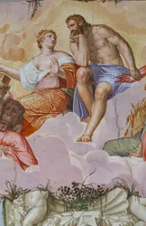 Juno og Jupiter liggende på skyer, over arkitektoniske ruiner, detalje af Olympens værelse, ca. 1557 (fresko)
