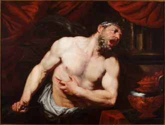 Cato den Yngres selvmord (Marcus Porcius Cato Uticensis eller Cato den Yngre) (95-46 f.Kr.), romersk politiker. Maleri af Giambattista Langetti (1621-1676), mål 93 x 123 cm, Genova, Musei di Strada Nuova