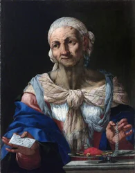 Gammel kvinde med perlehalskæde og bogstav (Vanitas) - Gammel kvinde med perlehalskæde og brev (Vanitas) - Giovan Battista Langetti (1635-1676). Olie på lærred, ca 1663. Nationalgalleriet, Prag
