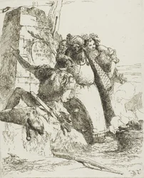 En tryllekunstner, en soldat og tre figurer, der ser på en brændende kranie, fra Scherzi