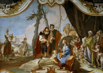 Rachel skjuler teraferne for sin far Laban, ca 1728.