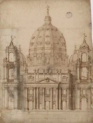 Alternativt forslag til facaden af Basilica of St. Peter i Vatikanet par Bernini, Gianlorenzo (1598-1680). Pen, pensel, akvarel, indisk blæk på papir