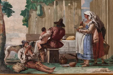 Bondefamilie ved bordet, fra rummet med rustikke scener, i Foresteria (gæstehus) 1757 (fresco)