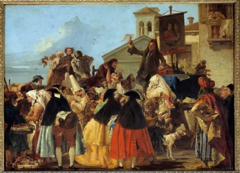 En tandlæge, der fjerner en tand og mærker den som en trofæ ved karnevallet i Venedig. Maleri af Giovanni Domenico Tiepolo (Giandomenico Tiepolo) (1727-1804) 1754. Søn 1,1x0,8 m.